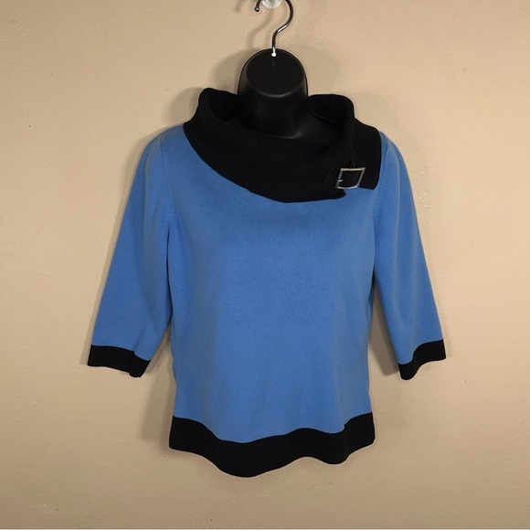 MEDIUM VINTAGE BLUE BLACK COWL NECK KNIT TOP STRETCH 3/4 SLEEVE RETRO - Picture 2 of 10